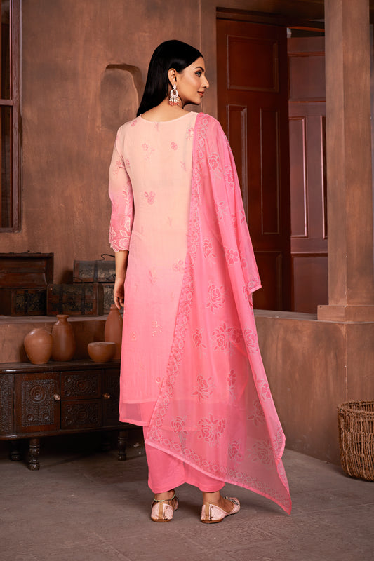 Premium Pure Muslin Fabric Santoon Bottom Chiffon Dupatta Digital Print With Hand Work/ Neck & Daman Embroidery Lace Work  Salwar Kameez Dupatta 3 Pcs Set