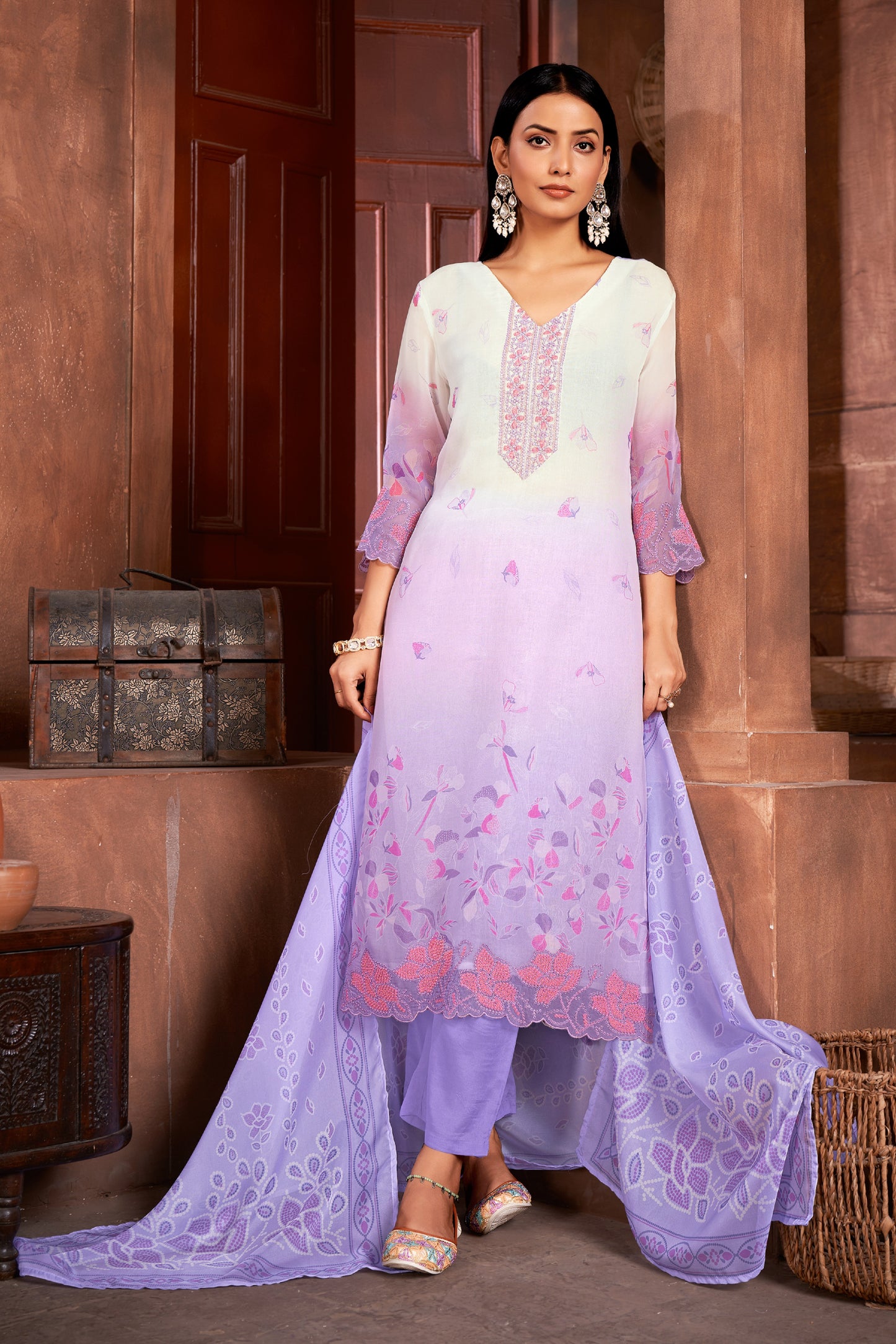 Premium Pure Muslin Fabric Santoon Bottom Chiffon Dupatta Digital Print With Hand Work/ Neck & Daman Embroidery Lace Work  Salwar Kameez Dupatta 3 Pcs Set