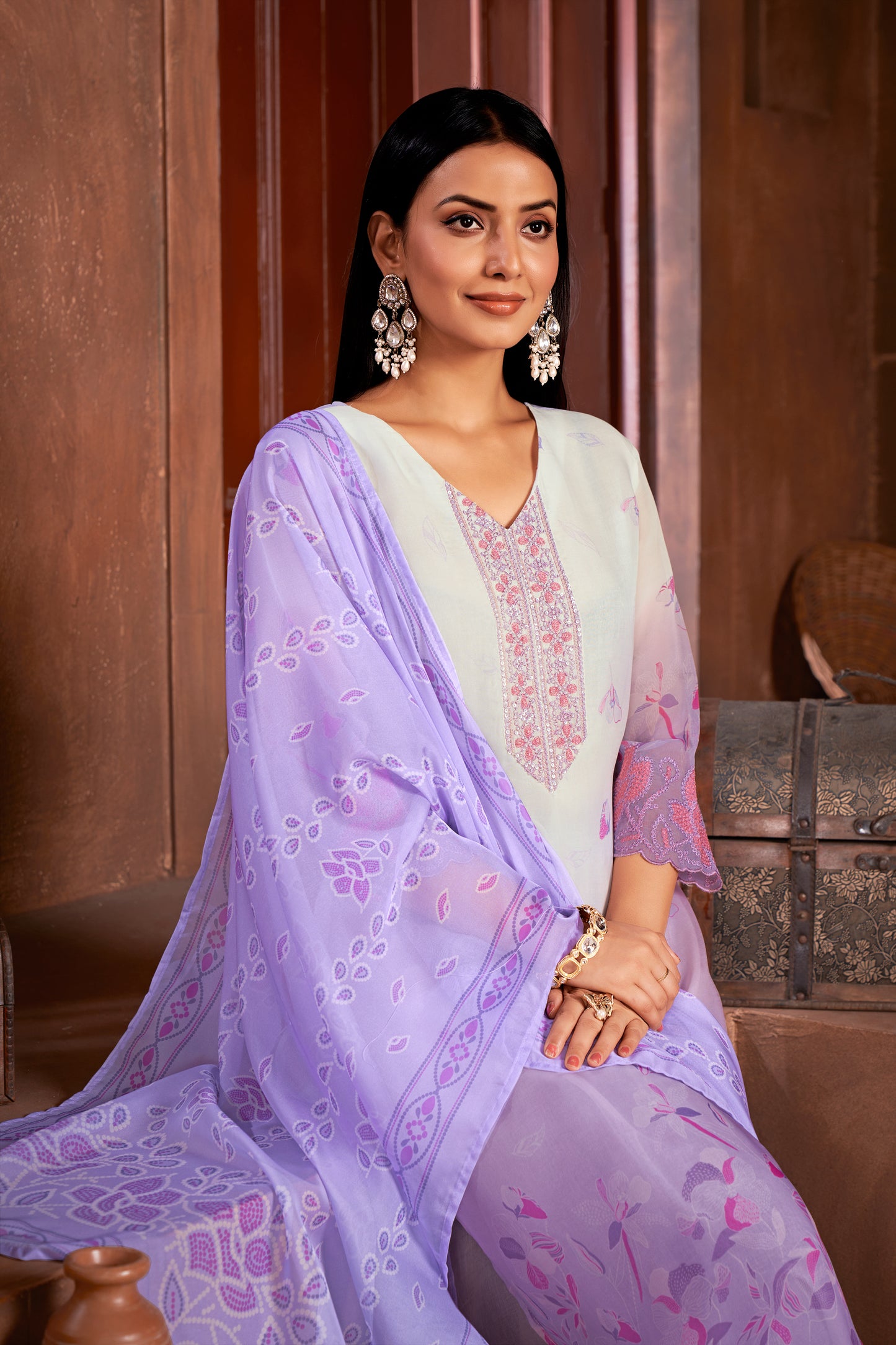 Premium Pure Muslin Fabric Santoon Bottom Chiffon Dupatta Digital Print With Hand Work/ Neck & Daman Embroidery Lace Work  Salwar Kameez Dupatta 3 Pcs Set