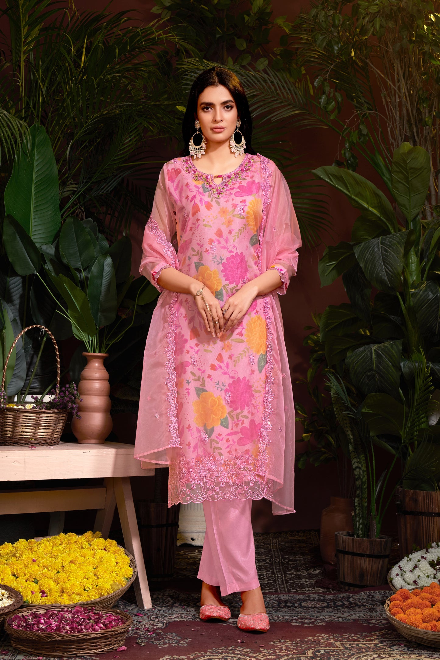 Premium Organza With Digital Print Pure Muslin Inner Santoon Bootom Oraganza Dupatta Embroidery and Sequins Daman & Neck Work With Hand Work Salwar Kameez Dupatta 3 Pcs Set