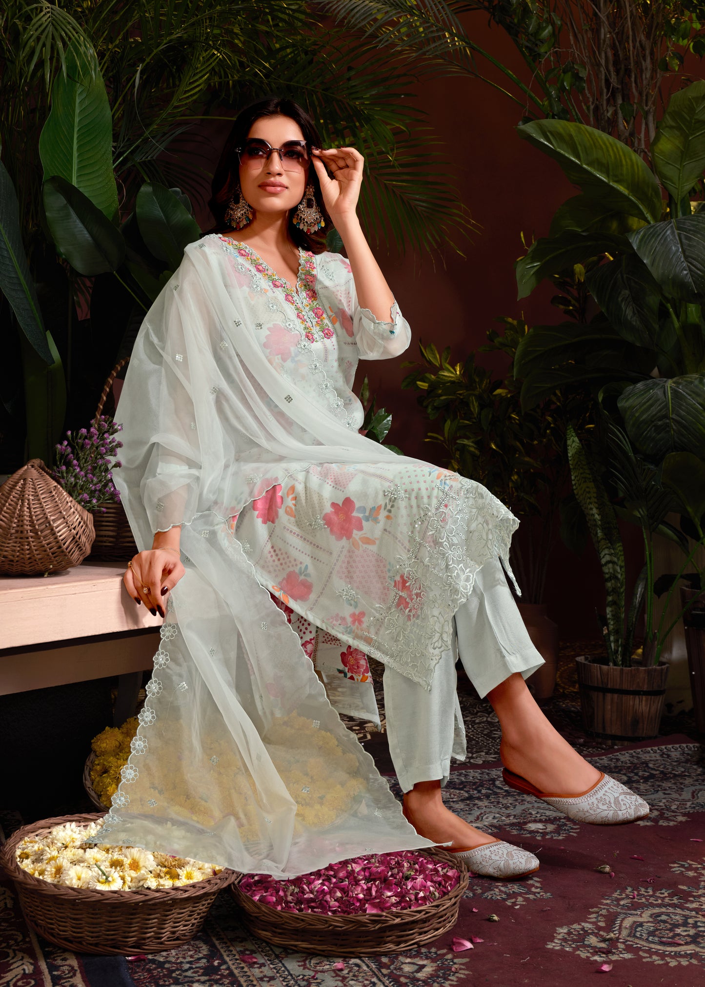 Premium Organza With Digital Print Pure Muslin Inner Santoon Bootom Oraganza Dupatta Embroidery and Sequins Daman & Neck Work With Hand Work Salwar Kameez Dupatta 3 Pcs Set