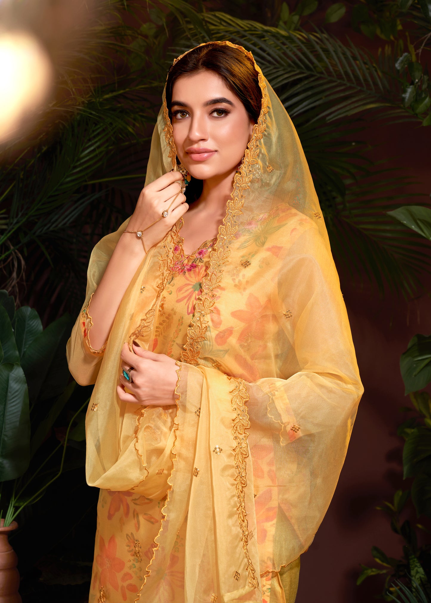 Premium Organza With Digital Print Pure Muslin Inner Santoon Bootom Oraganza Dupatta Embroidery and Sequins Daman & Neck Work With Hand Work Salwar Kameez Dupatta 3 Pcs Set