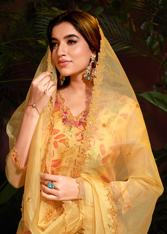 Premium Organza With Digital Print Pure Muslin Inner Santoon Bootom Oraganza Dupatta Embroidery and Sequins Daman & Neck Work With Hand Work Salwar Kameez Dupatta 3 Pcs Set