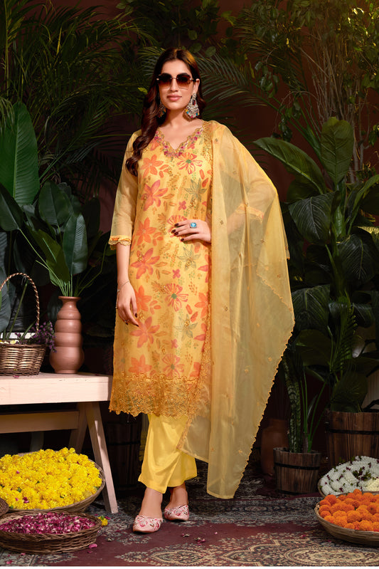 Premium Organza With Digital Print Pure Muslin Inner Santoon Bootom Oraganza Dupatta Embroidery and Sequins Daman & Neck Work With Hand Work Salwar Kameez Dupatta 3 Pcs Set
