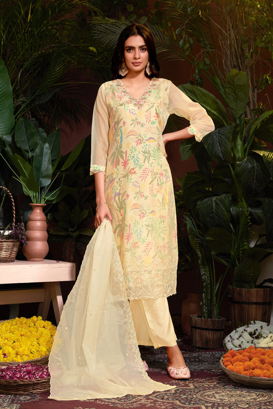 Premium Organza With Digital Print Pure Muslin Inner Santoon Bootom Oraganza Dupatta Embroidery and Sequins Daman & Neck Work With Hand Work Salwar Kameez Dupatta 3 Pcs Set
