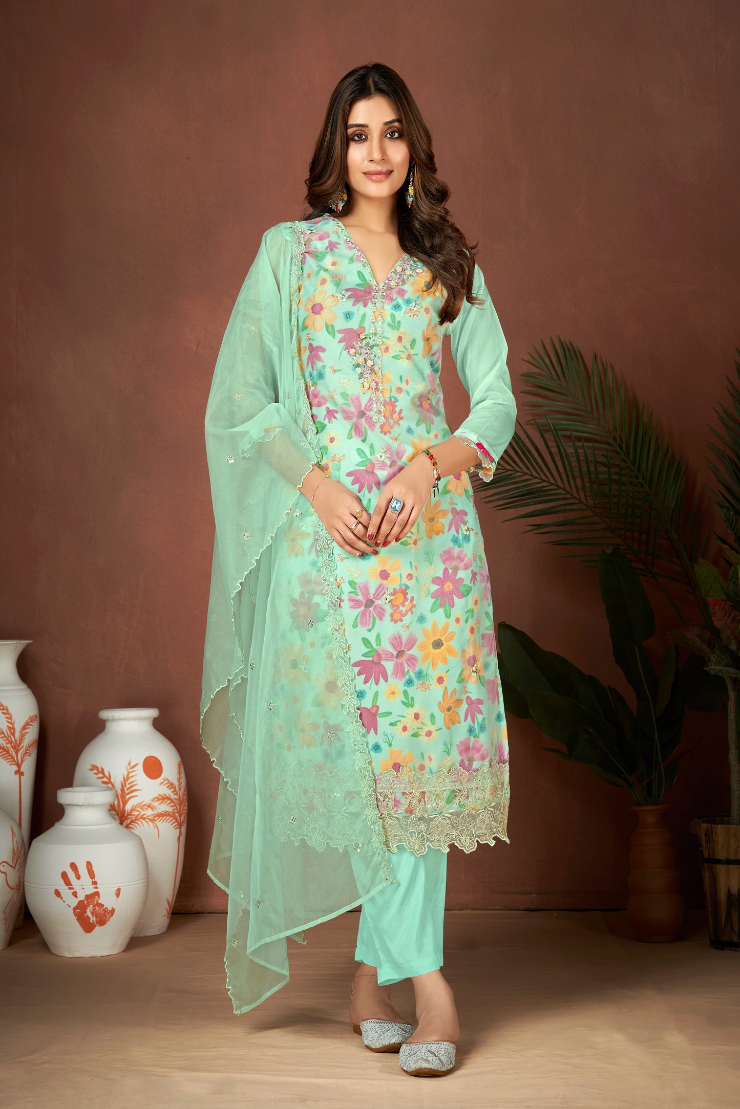 Premium Organza With Digital Print Pure Muslin Inner Santoon Bootom Oraganza Dupatta Embroidery and Sequins Daman & Neck Work With Hand Work Salwar Kameez Dupatta 3 Pcs Set