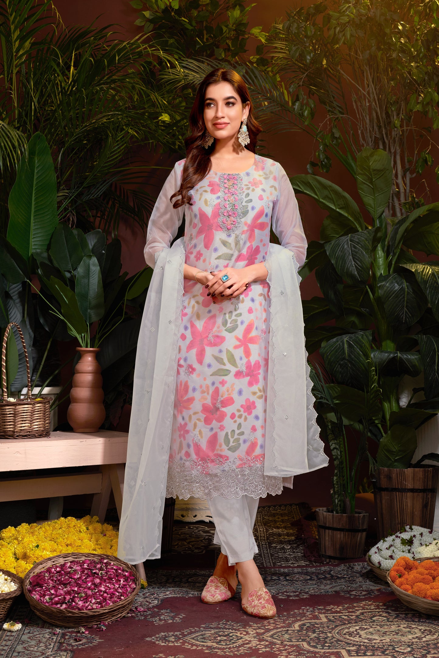 Premium Organza With Digital Print Pure Muslin Inner Santoon Bootom Oraganza Dupatta Embroidery and Sequins Daman & Neck Work With Hand Work Salwar Kameez Dupatta 3 Pcs Set