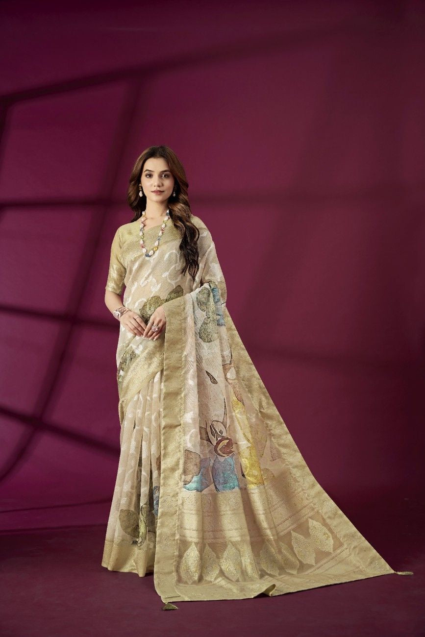 Elegant Gold Woven Banarasi Saree with Pastel Accents
