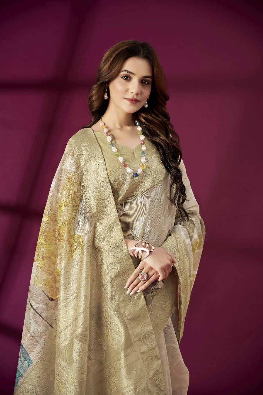 Elegant Gold Woven Banarasi Saree with Pastel Accents