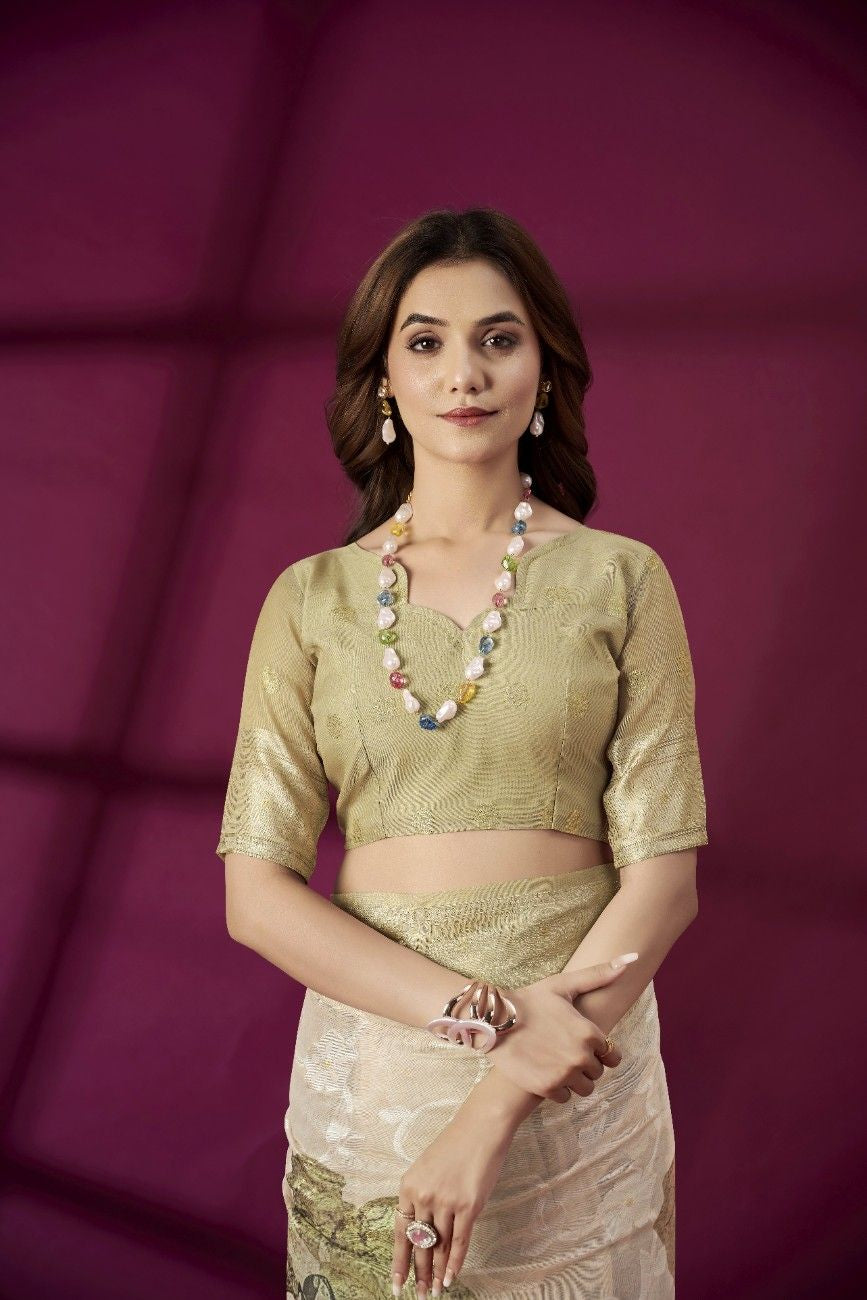 Elegant Gold Woven Banarasi Saree with Pastel Accents