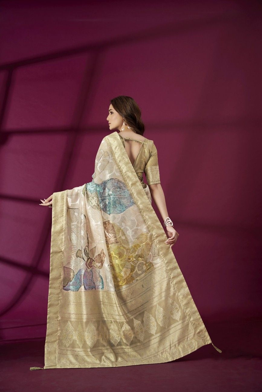 Elegant Gold Woven Banarasi Saree with Pastel Accents