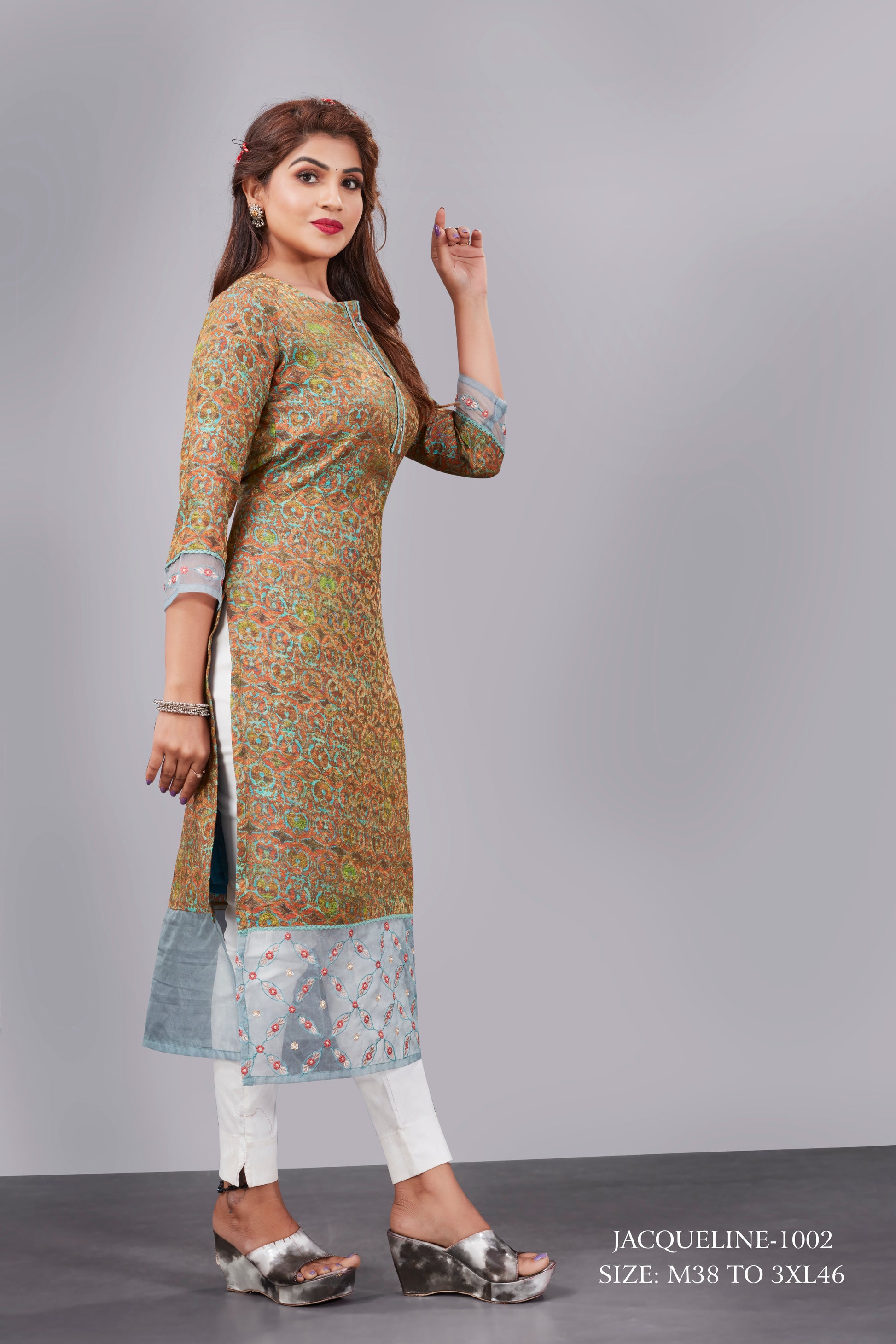 Natural Silk High Definition Digital Printed Kurtis With Subtle Jacquard Weaves Tissue Organza Kurti - jivora