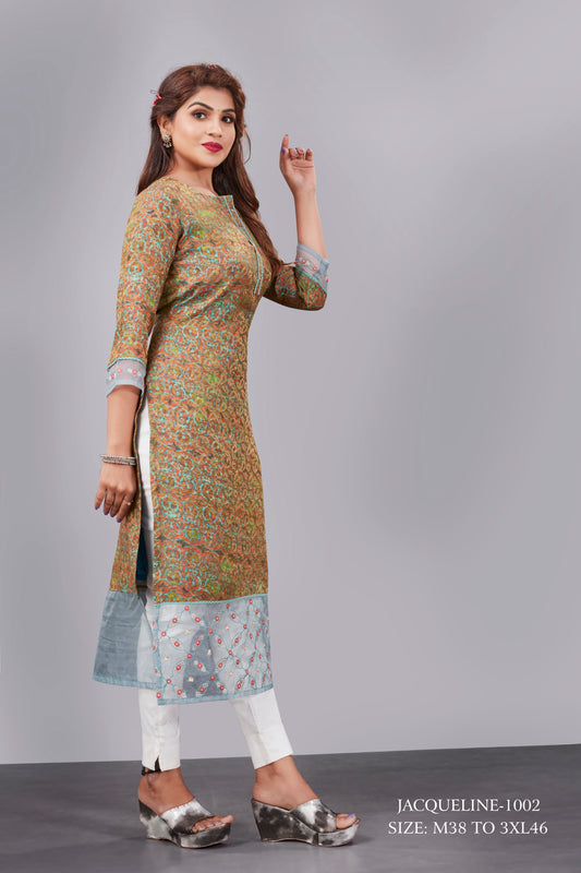Natural Silk High Definition Digital Printed Kurtis With Subtle Jacquard Weaves Tissue Organza Kurti - jivora