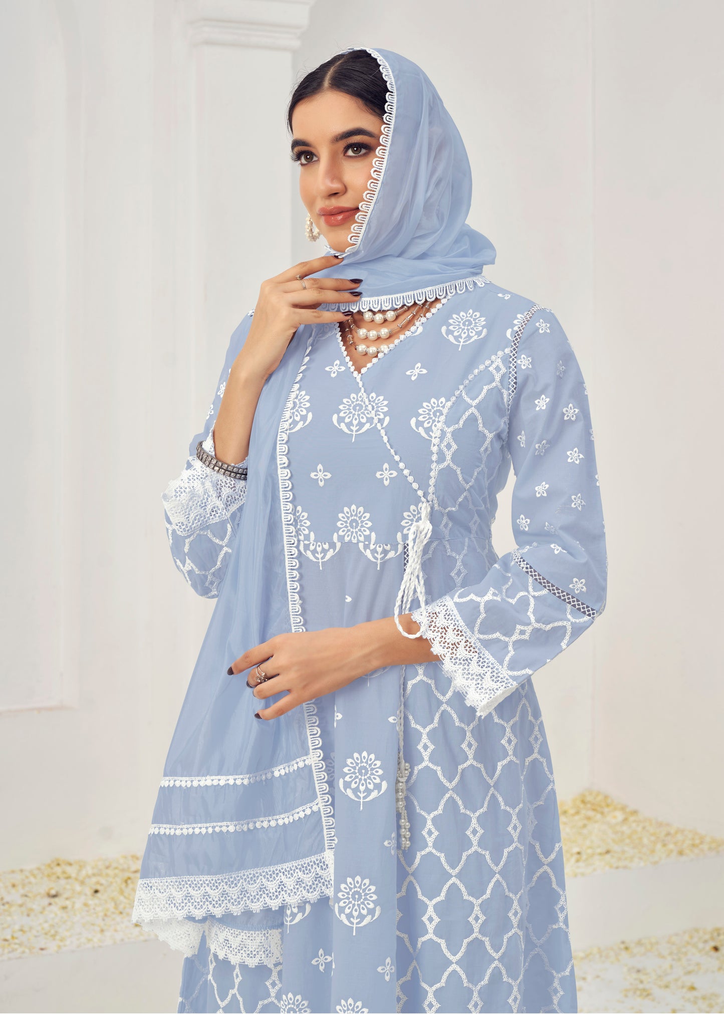 Premium Pure Cotton Fabric & Bottom Oraganza Dupatta Embroidery & Shilpi Work Salwar Kameez Dupatta 3 Pcs Set