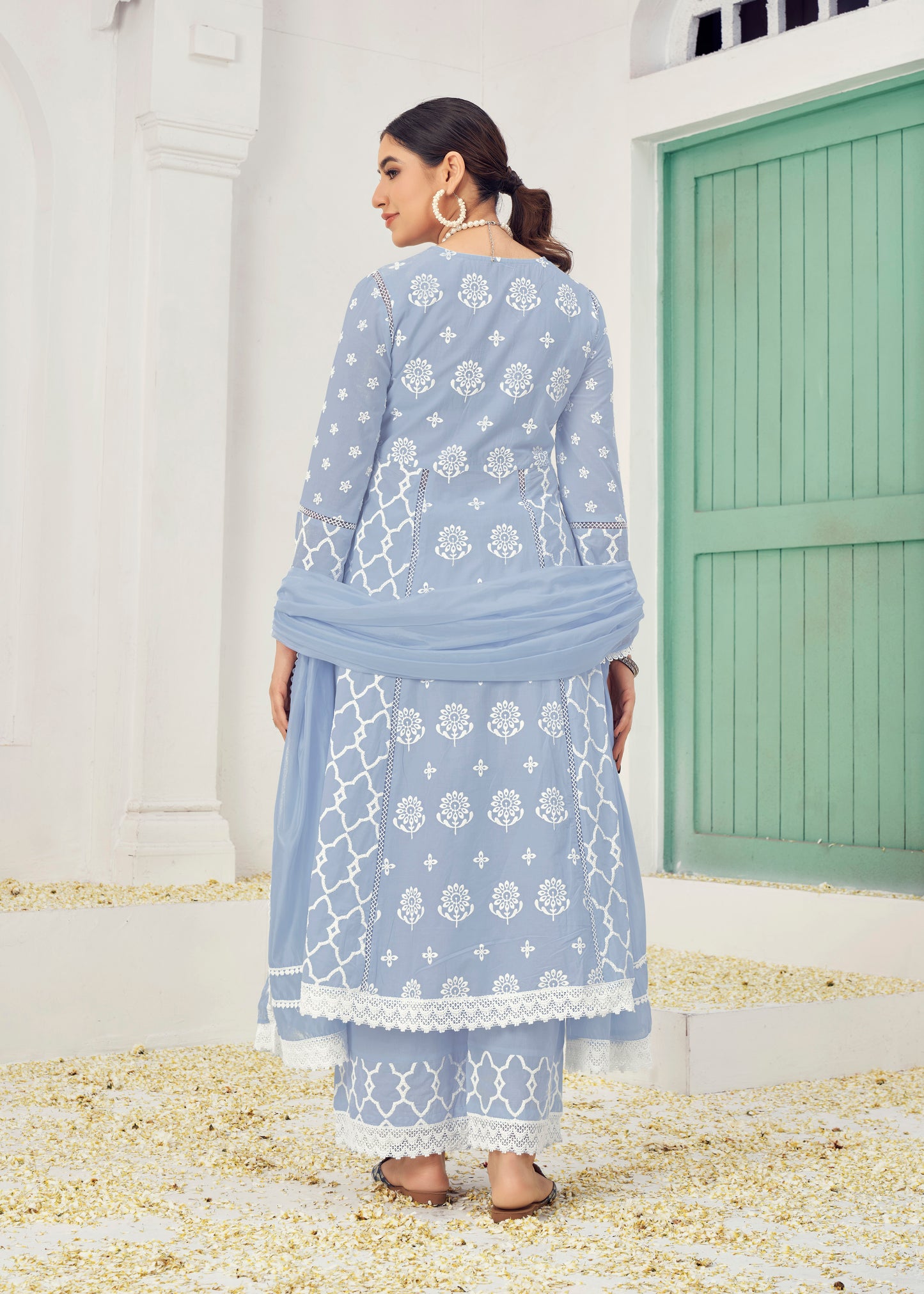 Premium Pure Cotton Fabric & Bottom Oraganza Dupatta Embroidery & Shilpi Work Salwar Kameez Dupatta 3 Pcs Set