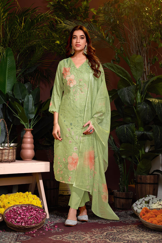 Premium Pure Linen Cotton Fabric Bottom Pure Cotton Poly Chanderi Dupatta Digital Print & Schiffli With Embroidery & Hand Work Salwar Kameez Dupatta 3 Pcs Set