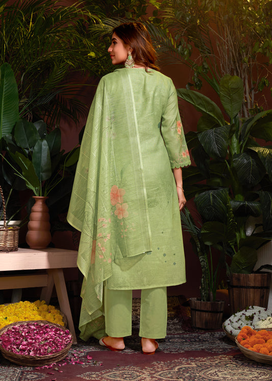 Premium Pure Linen Cotton Fabric Bottom Pure Cotton Poly Chanderi Dupatta Digital Print & Schiffli With Embroidery & Hand Work Salwar Kameez Dupatta 3 Pcs Set