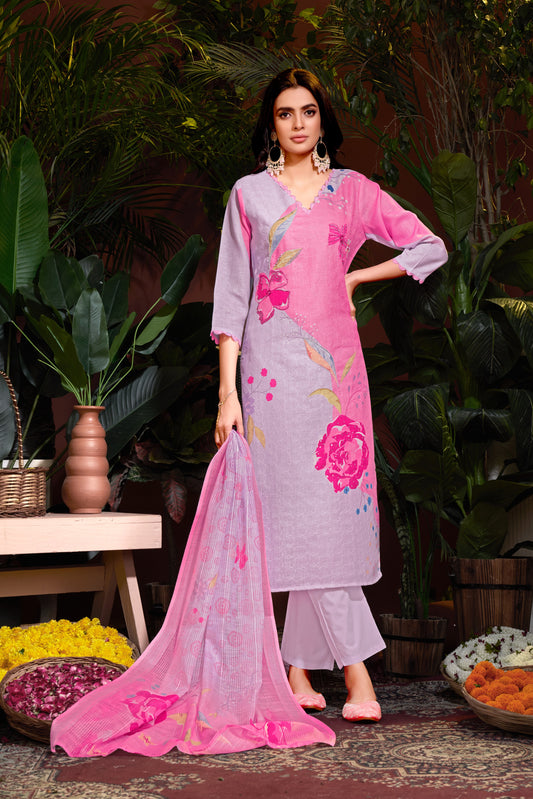 Premium Pure Linen Cotton Fabric Bottom Pure Cotton Poly Chanderi Dupatta Digital Print & Schiffli With Embroidery & Hand Work Salwar Kameez Dupatta 3 Pcs Set