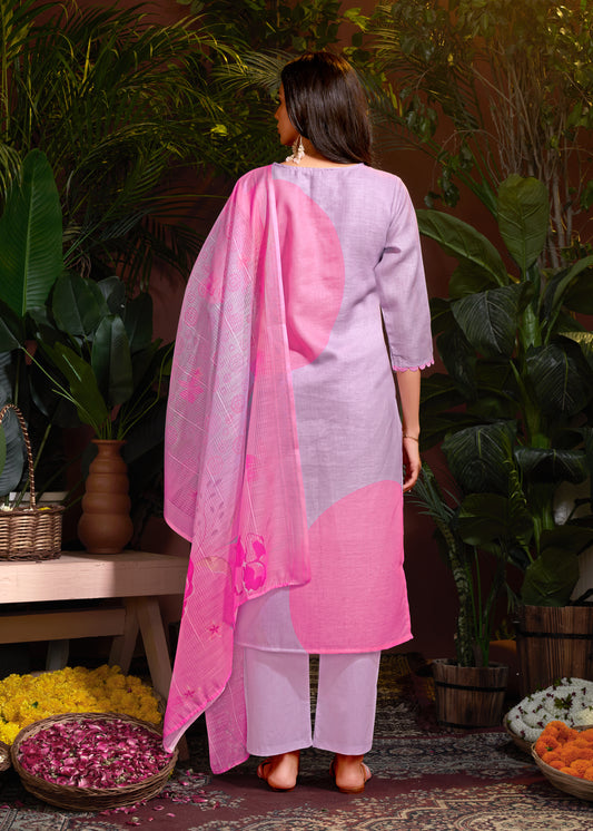 Premium Pure Linen Cotton Fabric Bottom Pure Cotton Poly Chanderi Dupatta Digital Print & Schiffli With Embroidery & Hand Work Salwar Kameez Dupatta 3 Pcs Set