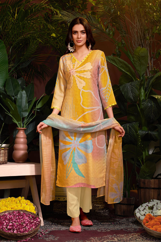 Premium Pure Linen Cotton Fabric Bottom Pure Cotton Poly Chanderi Dupatta Digital Print & Schiffli With Embroidery & Hand Work Salwar Kameez Dupatta 3 Pcs Set