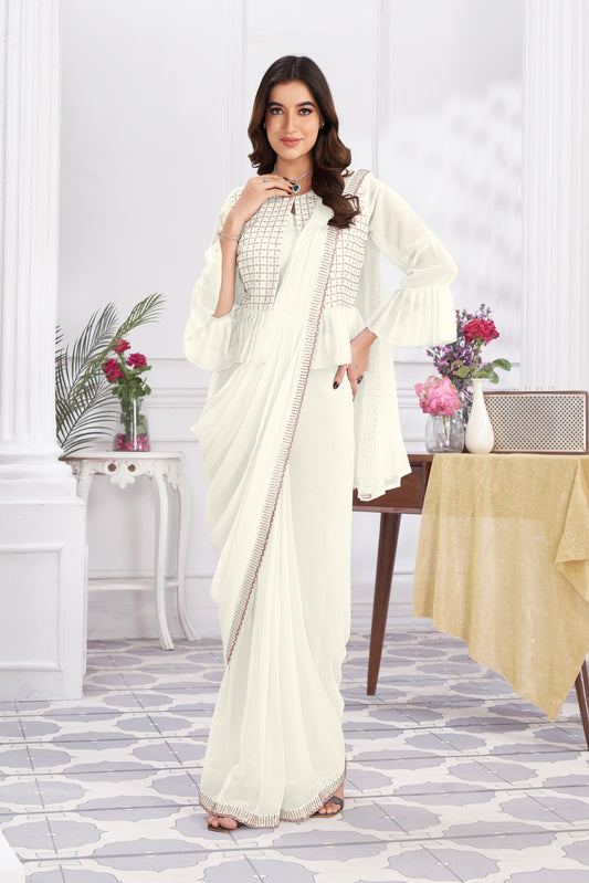 Premium Georgette Ready to Wear Saree & Stitched Blouse With Embroidery And Sequins Work Stitched Pallu Fancy Drape Sarees
