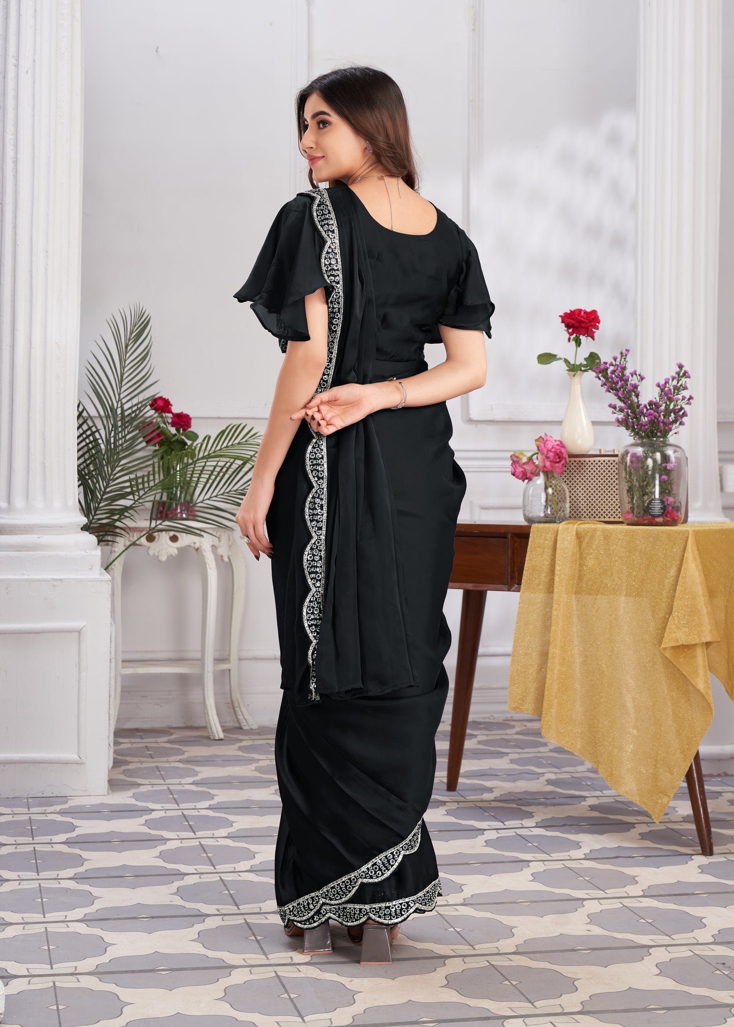 Premium Satin Silk Ready to Wear Saree & Stitched Blouse With Embroidery And Sequins Work Stitched Pallu Fancy Drape Sarees