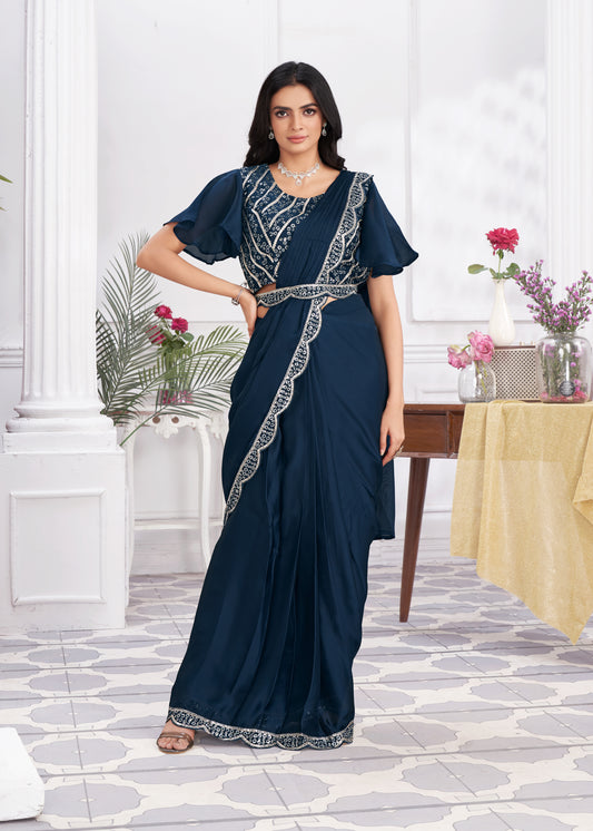 Premium Satin Silk Ready to Wear Saree & Stitched Blouse With Embroidery And Sequins Work Stitched Pallu Fancy Drape Sarees