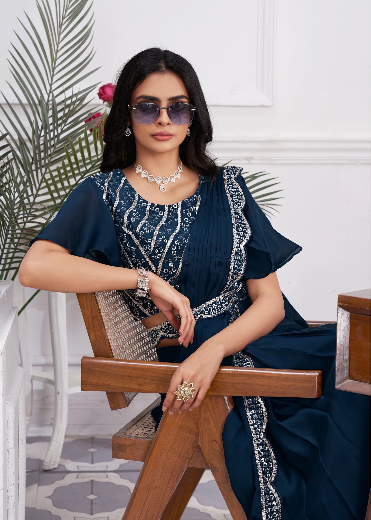 Premium Satin Silk Ready to Wear Saree & Stitched Blouse With Embroidery And Sequins Work Stitched Pallu Fancy Drape Sarees