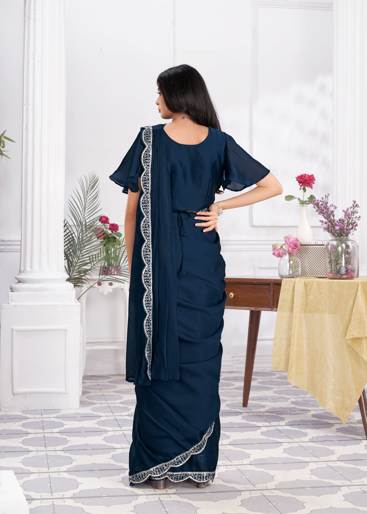 Premium Satin Silk Ready to Wear Saree & Stitched Blouse With Embroidery And Sequins Work Stitched Pallu Fancy Drape Sarees