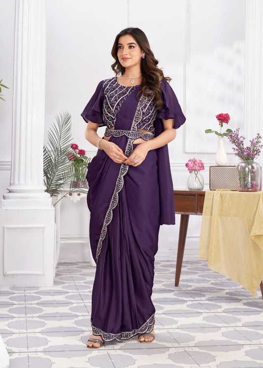 Premium Satin Silk Ready to Wear Saree & Stitched Blouse With Embroidery And Sequins Work Stitched Pallu Fancy Drape Sarees