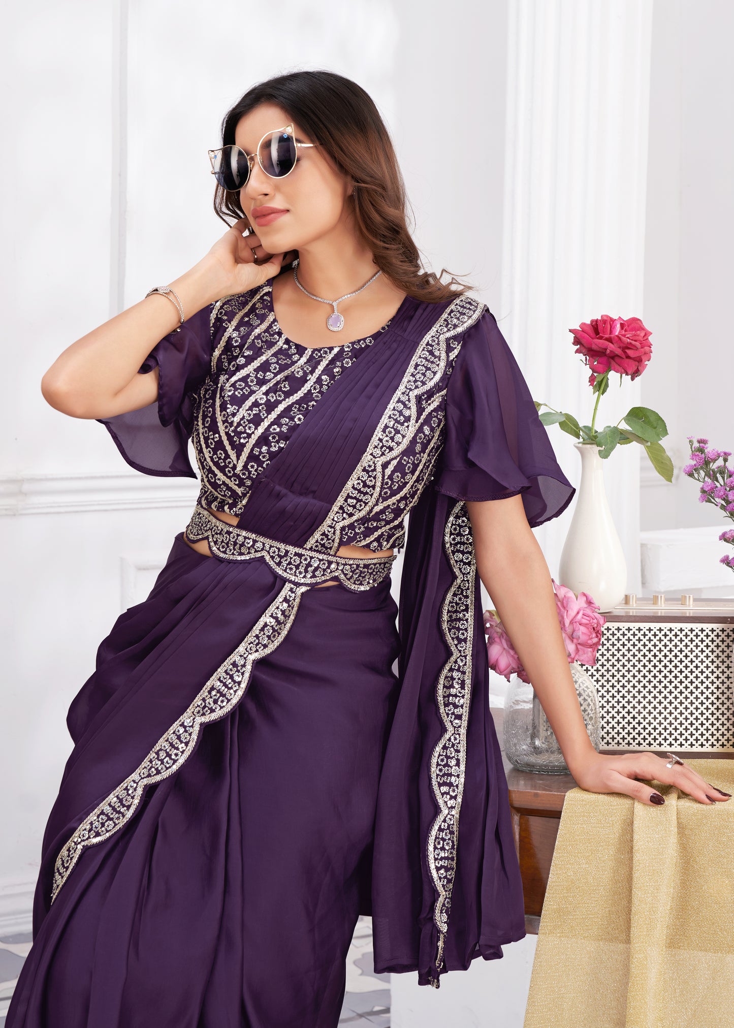 Premium Satin Silk Ready to Wear Saree & Stitched Blouse With Embroidery And Sequins Work Stitched Pallu Fancy Drape Sarees