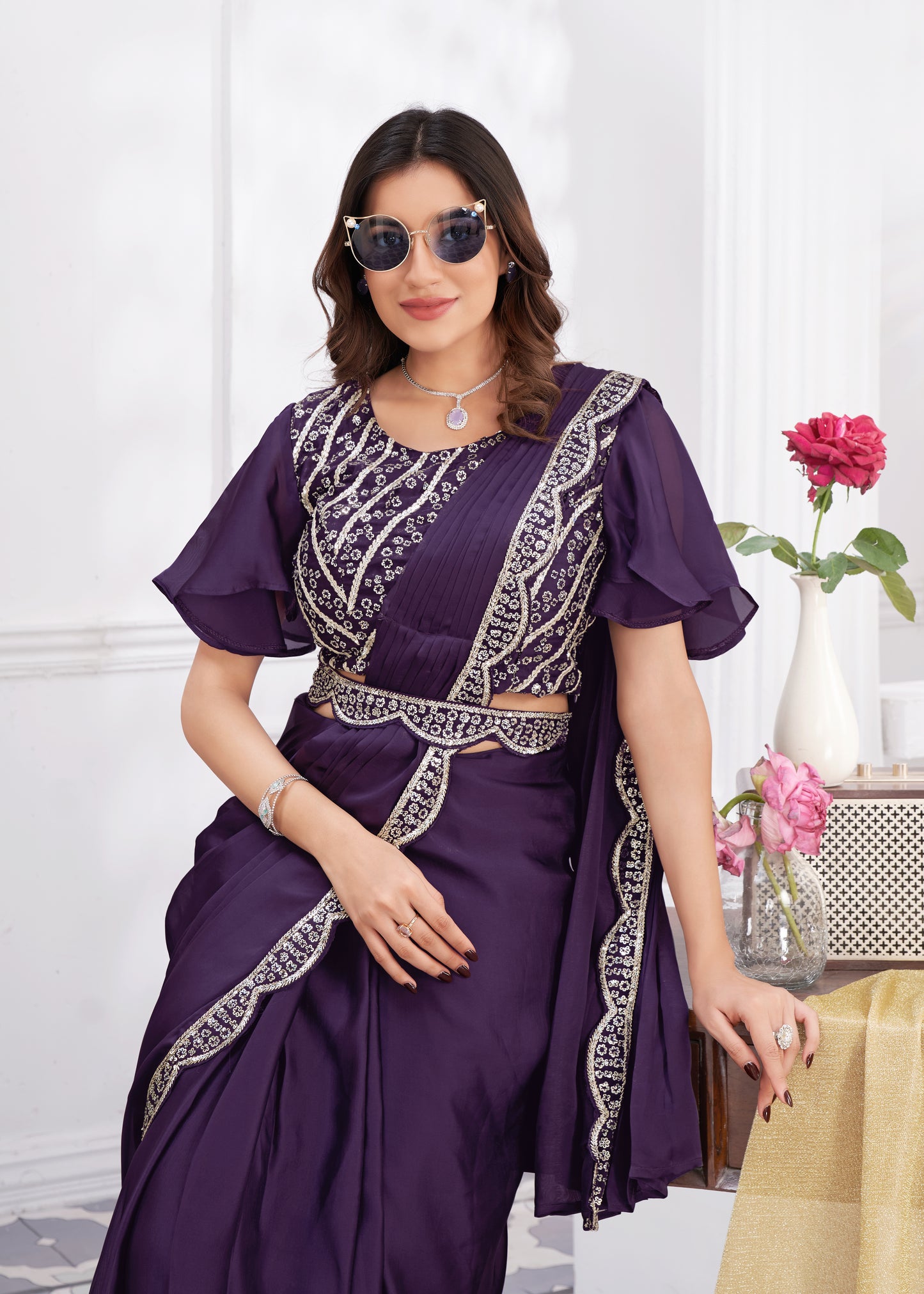 Premium Satin Silk Ready to Wear Saree & Stitched Blouse With Embroidery And Sequins Work Stitched Pallu Fancy Drape Sarees