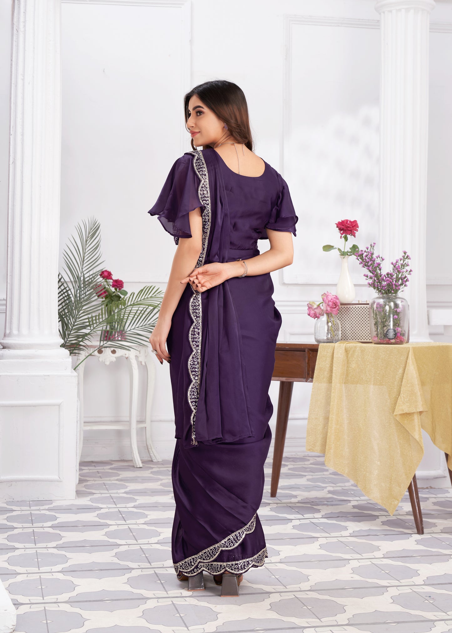Premium Satin Silk Ready to Wear Saree & Stitched Blouse With Embroidery And Sequins Work Stitched Pallu Fancy Drape Sarees