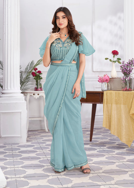 Premium Shimmer Georgette Ready to Wear Saree & Stitched Blouse With Embroidery And Sequins Work Stitched Pallu Fancy Drape Sarees