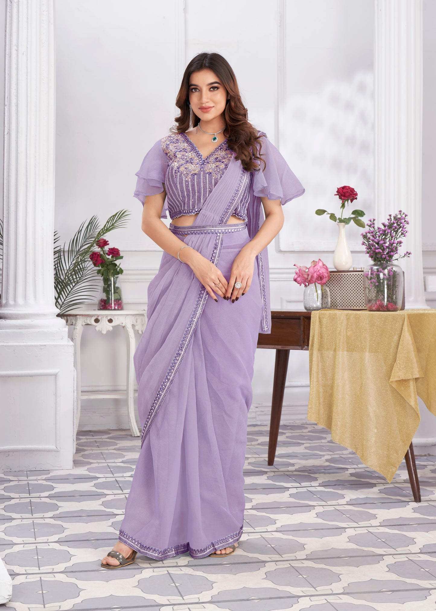 Premium Shimmer Georgette Ready to Wear Saree & Stitched Blouse With Embroidery And Sequins Work Stitched Pallu Fancy Drape Sarees