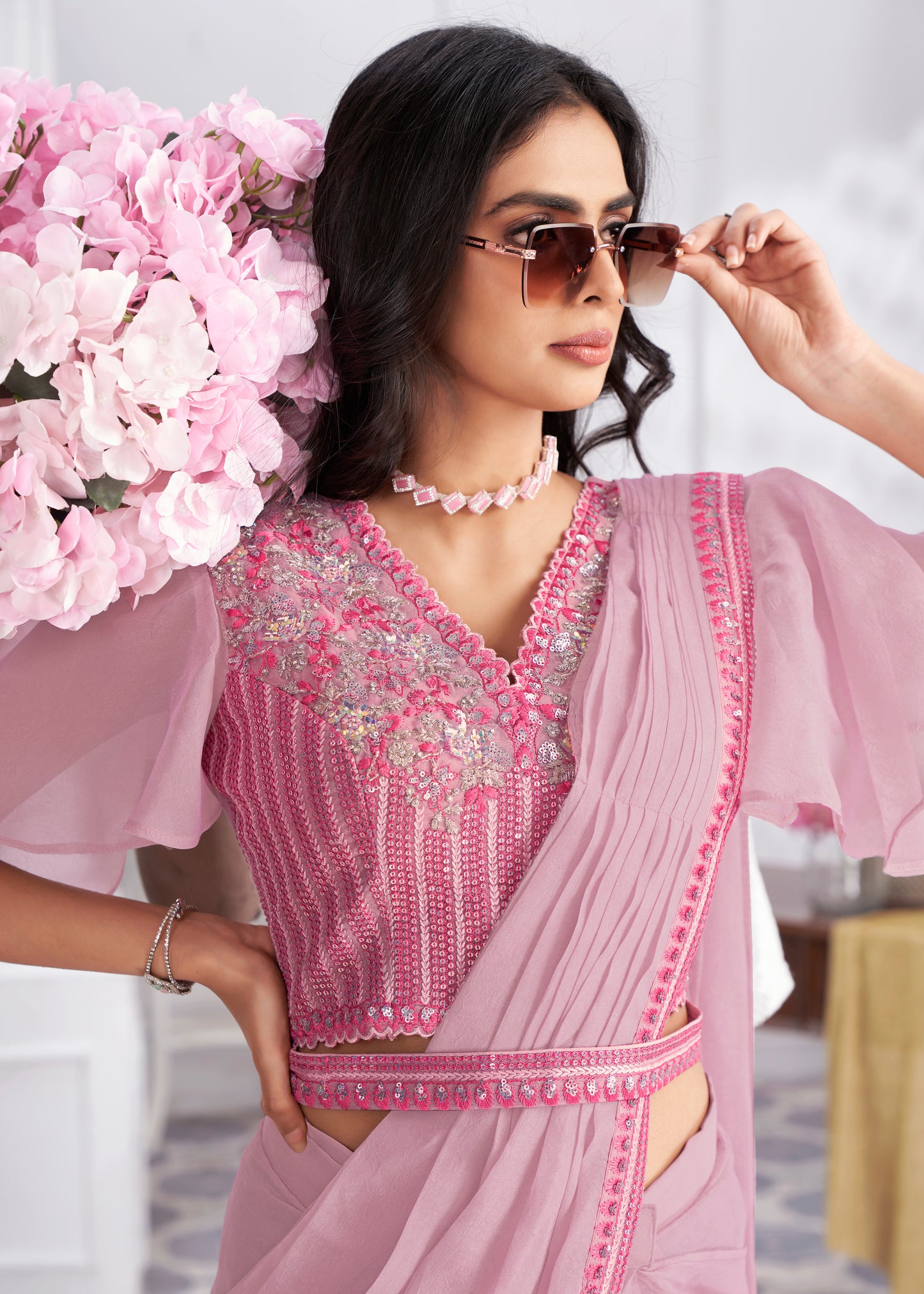Premium Shimmer Georgette Ready to Wear Saree & Stitched Blouse With Embroidery And Sequins Work Stitched Pallu Fancy Drape Sarees
