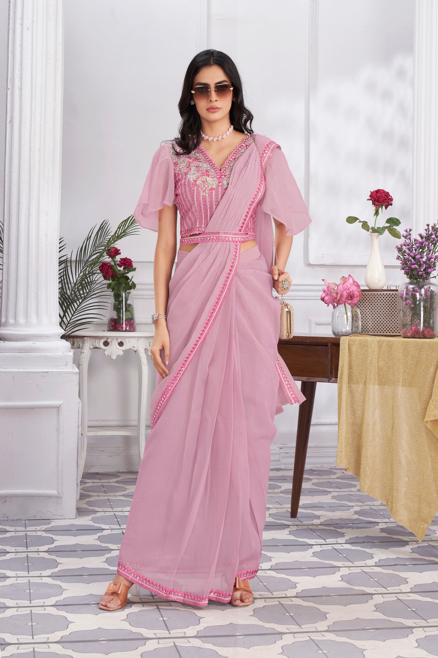 Premium Shimmer Georgette Ready to Wear Saree & Stitched Blouse With Embroidery And Sequins Work Stitched Pallu Fancy Drape Sarees