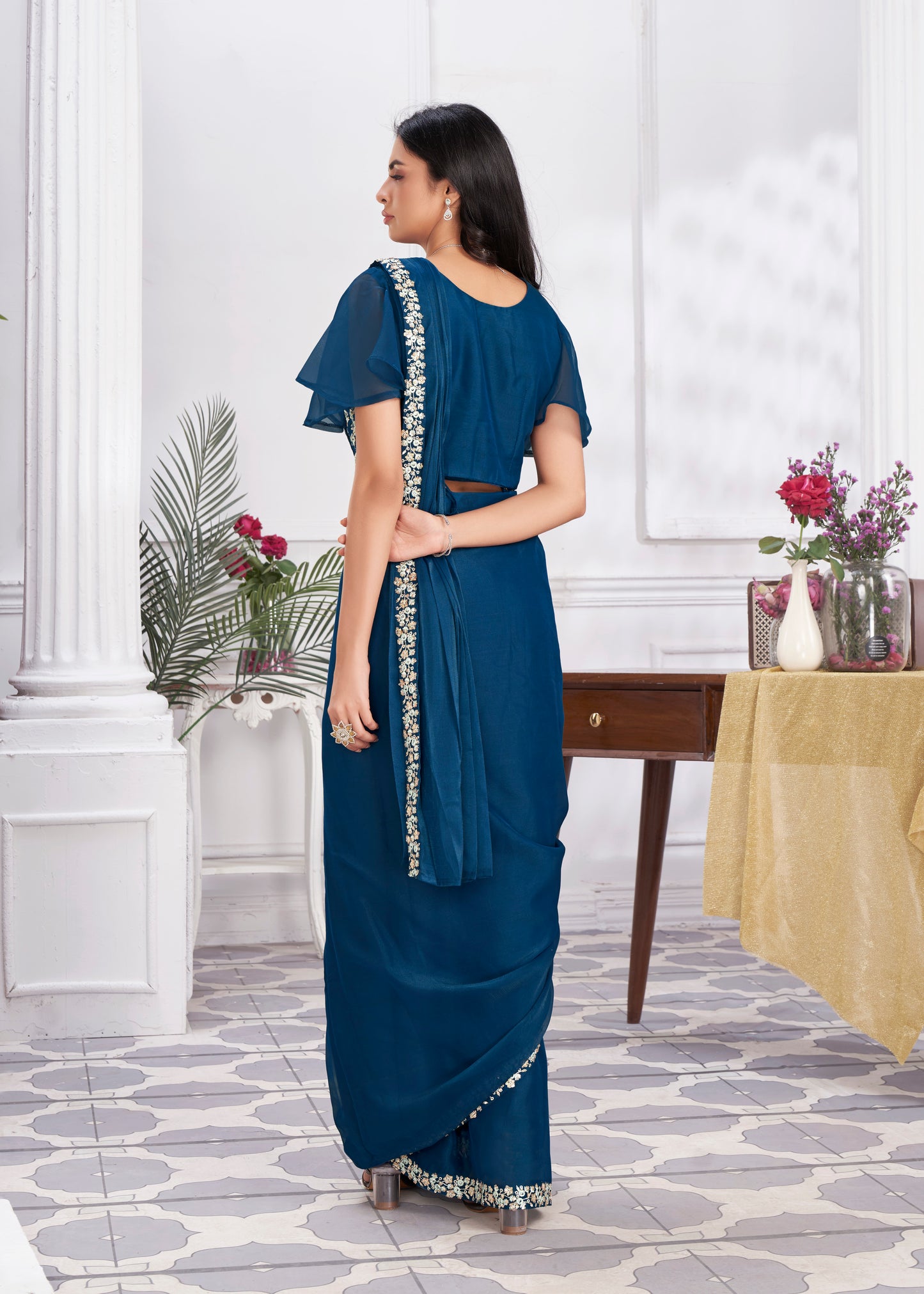 Premium Shimmer Georgette Ready to Wear Saree & Stitched Blouse With Embroidery And Sequins Work Stitched Pallu Fancy Drape Sarees