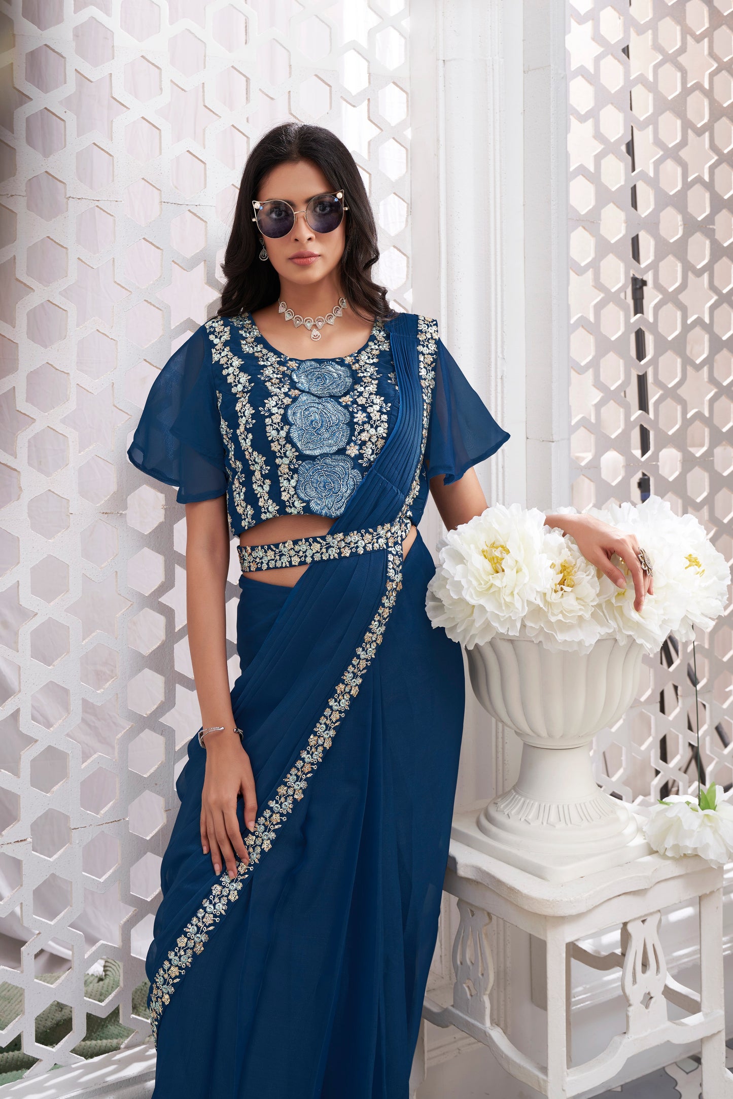 Premium Shimmer Georgette Ready to Wear Saree & Stitched Blouse With Embroidery And Sequins Work Stitched Pallu Fancy Drape Sarees