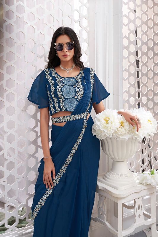 Premium Shimmer Georgette Ready to Wear Saree & Stitched Blouse With Embroidery And Sequins Work Stitched Pallu Fancy Drape Sarees