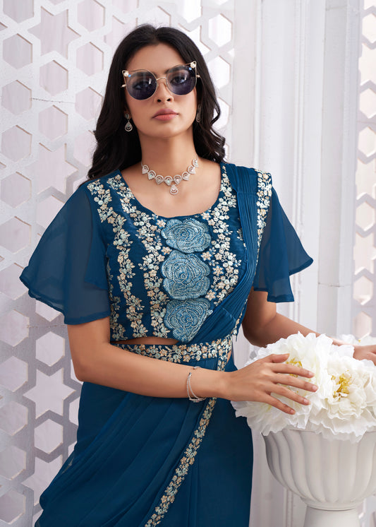 Premium Shimmer Georgette Ready to Wear Saree & Stitched Blouse With Embroidery And Sequins Work Stitched Pallu Fancy Drape Sarees