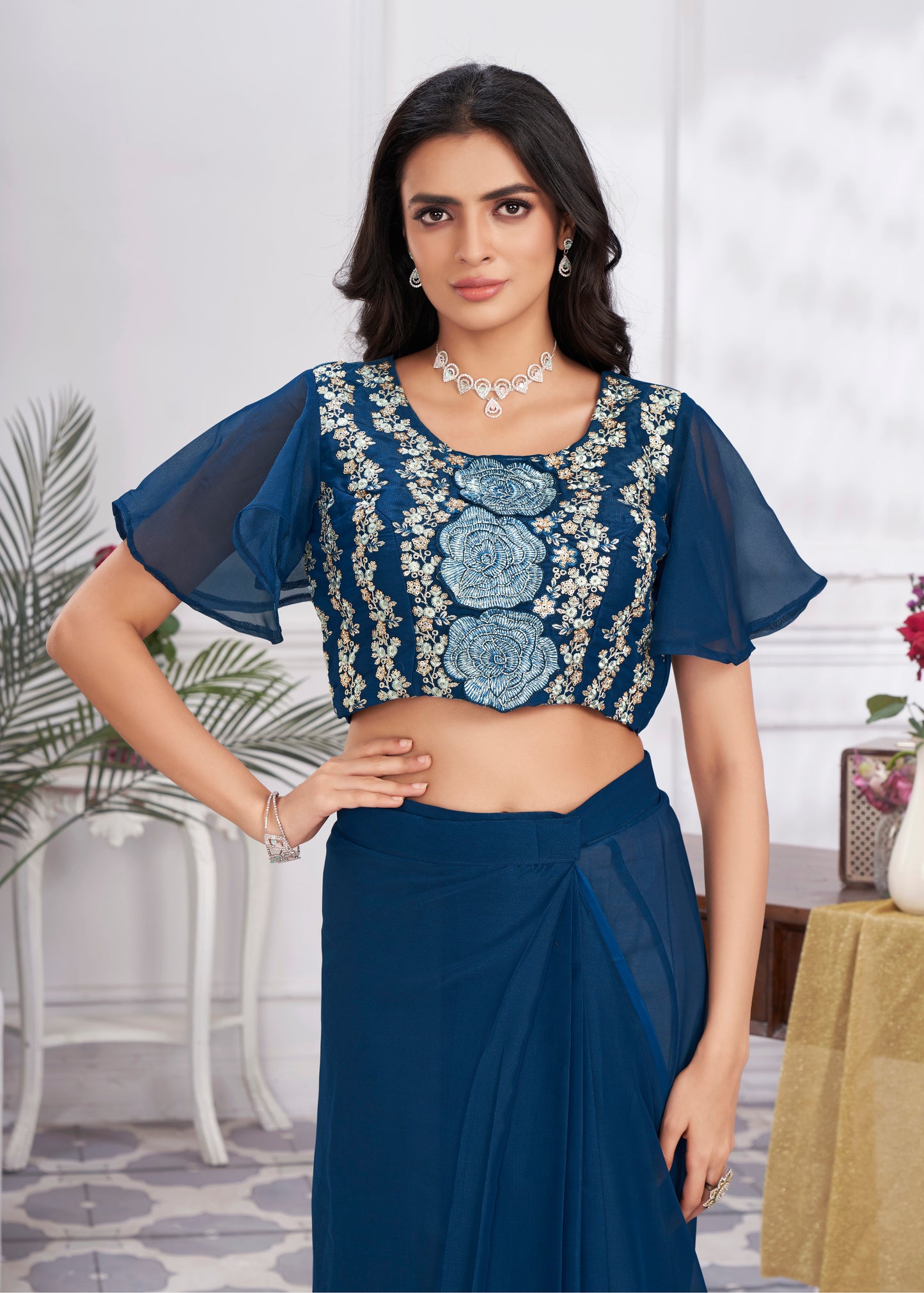 Premium Shimmer Georgette Ready to Wear Saree & Stitched Blouse With Embroidery And Sequins Work Stitched Pallu Fancy Drape Sarees