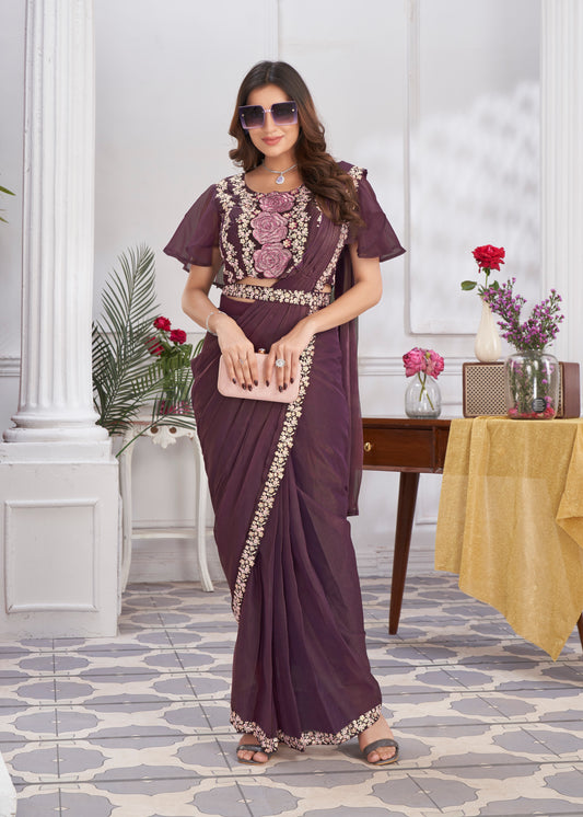 Premium Shimmer Georgette Ready to Wear Saree & Stitched Blouse With Embroidery And Sequins Work Stitched Pallu Fancy Drape Sarees
