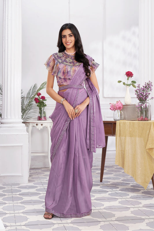 Premium Shimmer Georgette Ready to Wear Saree & Stitched Blouse With Embroidery And Sequins Work Stitched Pallu Fancy Drape Sarees