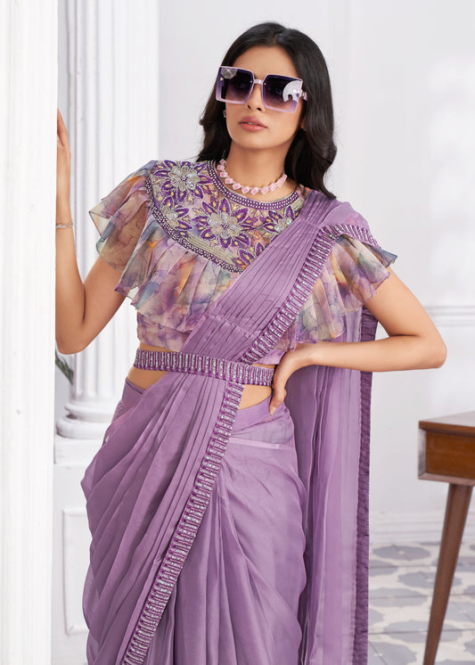 Premium Shimmer Georgette Ready to Wear Saree & Stitched Blouse With Embroidery And Sequins Work Stitched Pallu Fancy Drape Sarees