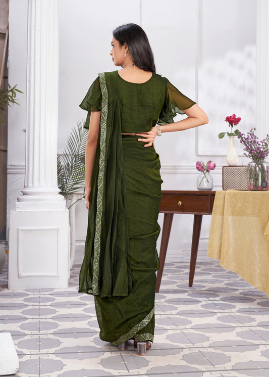 Premium Shimmer Georgette Ready to Wear Saree & Stitched Blouse With Embroidery And Sequins Work Stitched Pallu Fancy Drape Sarees