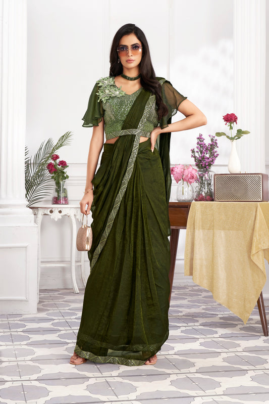 Premium Shimmer Georgette Ready to Wear Saree & Stitched Blouse With Embroidery And Sequins Work Stitched Pallu Fancy Drape Sarees