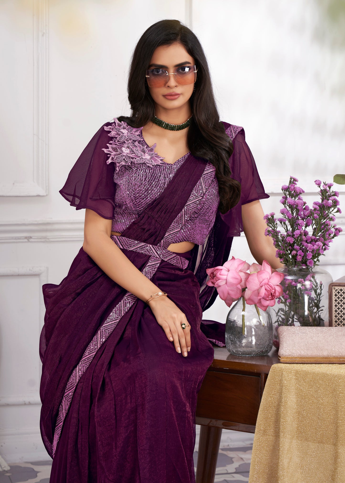 Premium Shimmer Georgette Ready to Wear Saree & Stitched Blouse With Embroidery And Sequins Work Stitched Pallu Fancy Drape Sarees