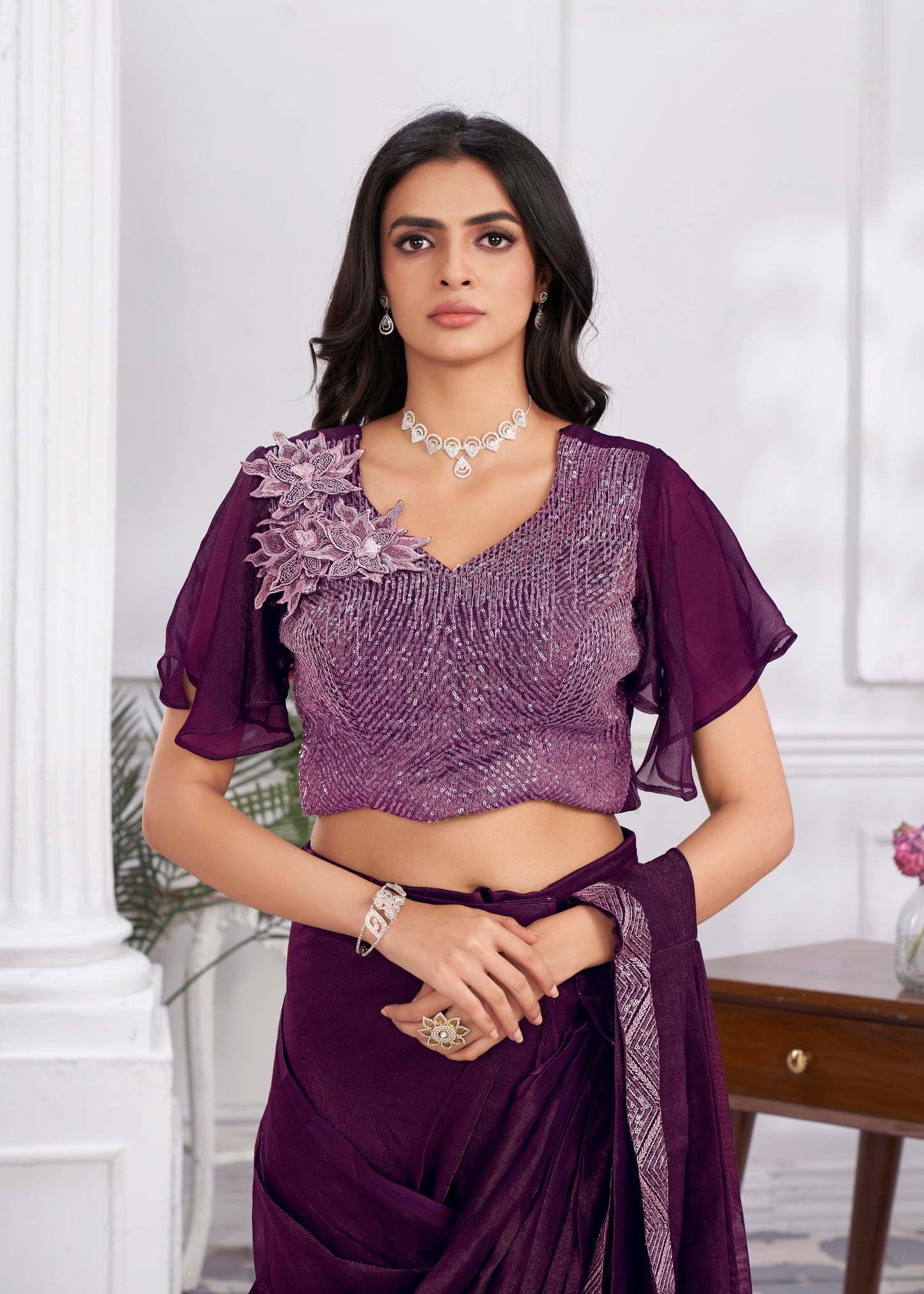 Premium Shimmer Georgette Ready to Wear Saree & Stitched Blouse With Embroidery And Sequins Work Stitched Pallu Fancy Drape Sarees