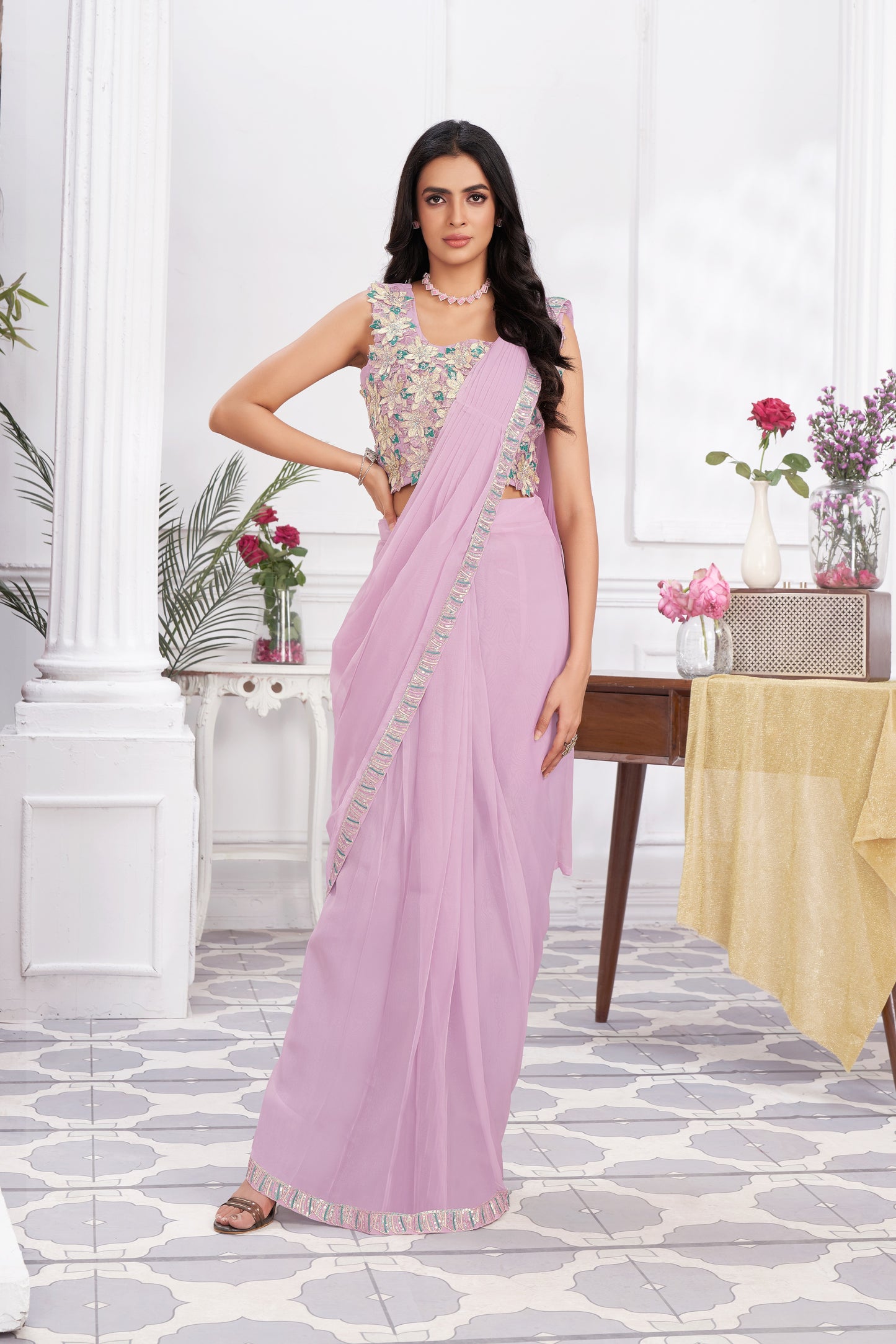 Premium Shimmer Georgette Ready to Wear Saree & Stitched Blouse With Embroidery And Sequins Work Stitched Pallu Fancy Drape Sarees
